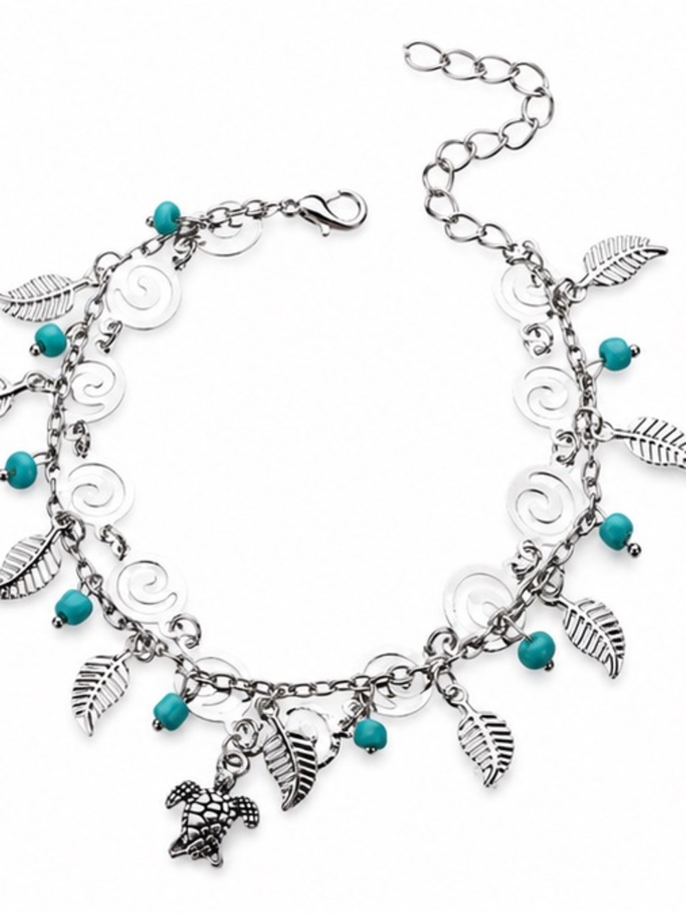 Silver Leaf & Turquoise Charm Anklet, Beachy Turtle Design, NWT